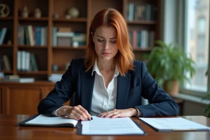 Femme en notaire examinant des documents importants