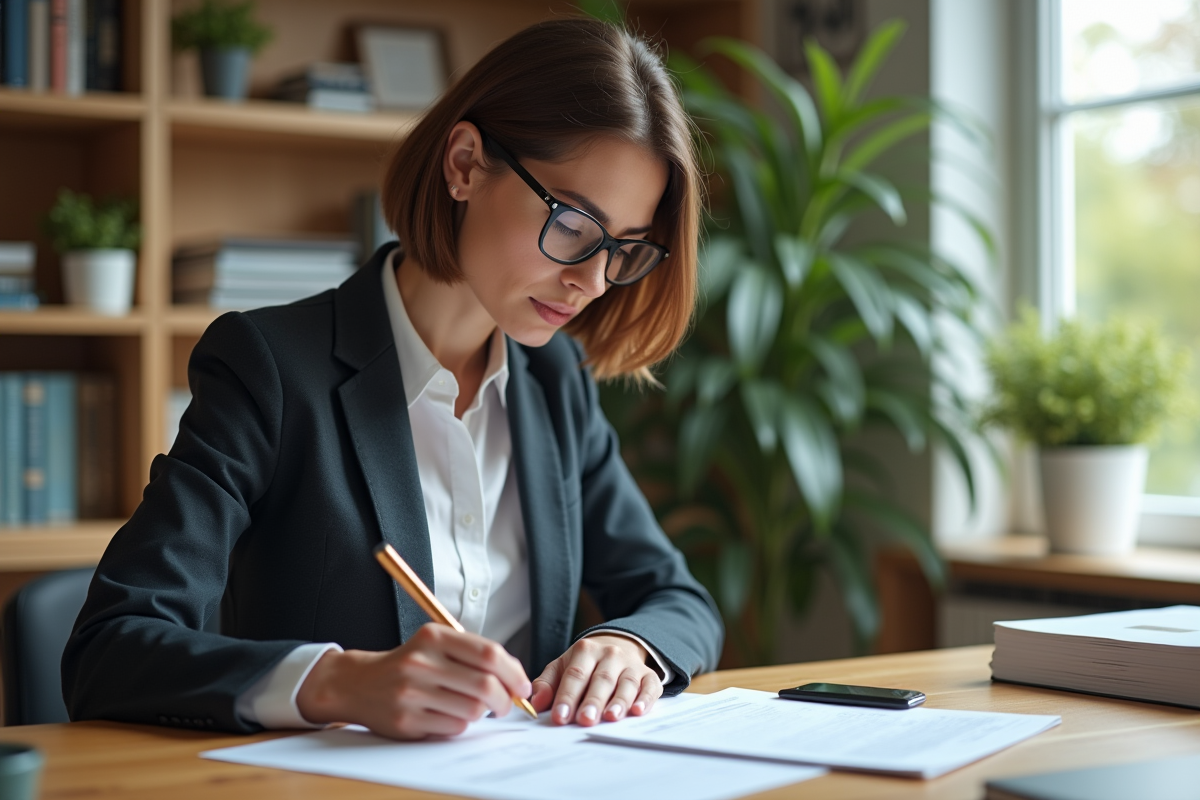 Femme organisée remplissant ses papiers fiscaux à son bureau