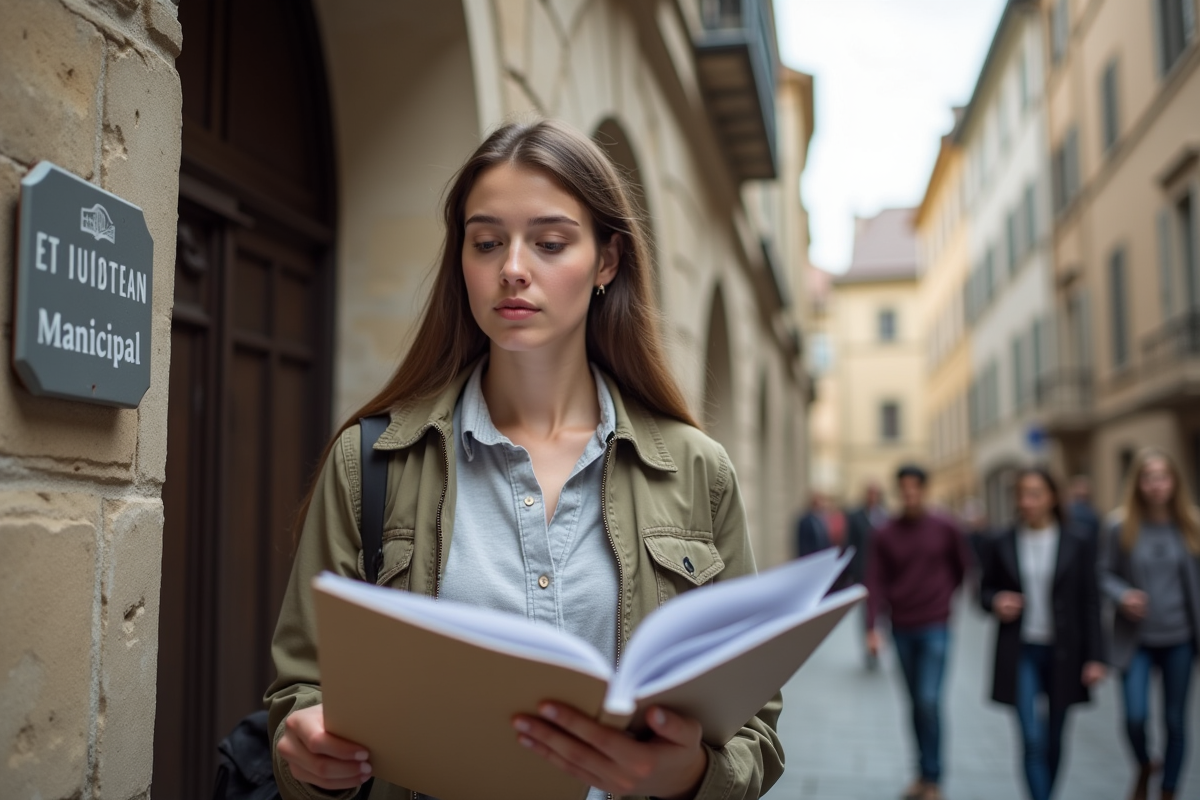 Jeune femme examinant un courrier devant un bâtiment historique