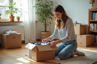 Femme ployant des vêtements dans une pièce lumineuse