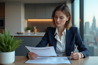 Femme d'affaires en costume bleu examinant des documents immobiliers