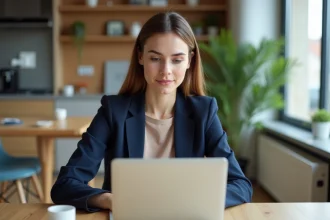 Jeune femme professionnelle travaillant sur son ordinateur dans un appartement moderne