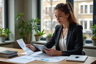 Jeune femme professionnelle examinant des documents financiers