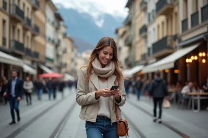 Femme souriante vérifiant son téléphone dans la rue de Grenoble