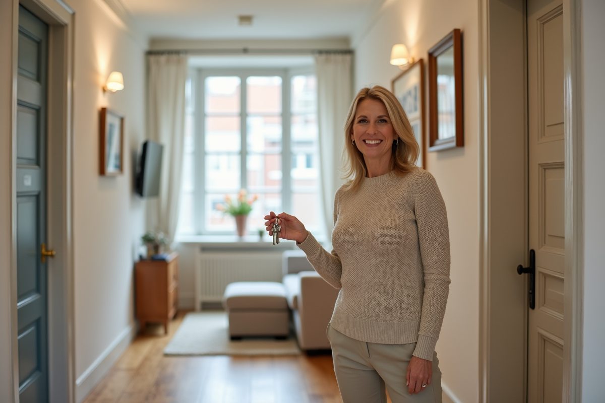 Femme propriétaire souriante avec clés devant un appartement