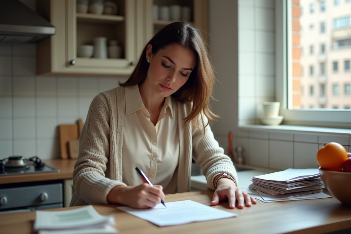 Femme signant une lettre dans sa cuisine urbaine