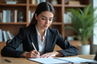 Femme en costume signant un papier de prêt immobilier