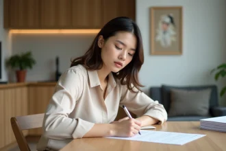 Femme signant un avis de logement dans une cuisine moderne