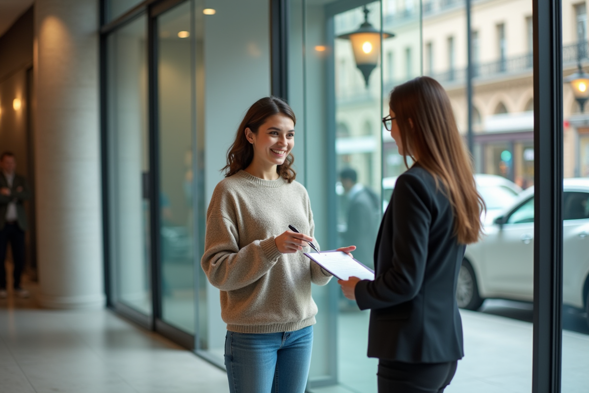 Jeune femme présentant un document signé à un conseiller bancaire