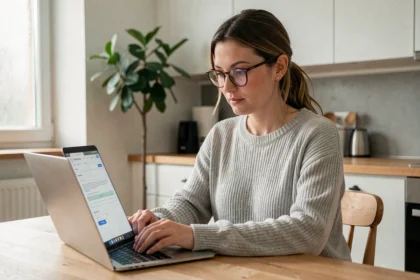 Femme souscrivant une assurance habitation en ligne sur son ordinateur portable dans une cuisine moderne