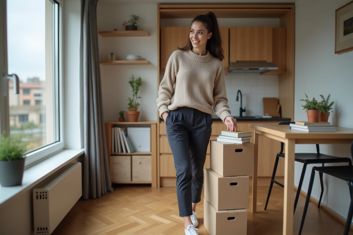 Jeune femme déballant un livre dans un studio moderne