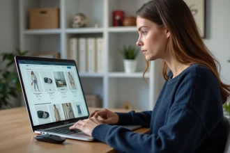 Femme utilisant le site Alin.fr sur un ordinateur portable dans un bureau moderne en 2026