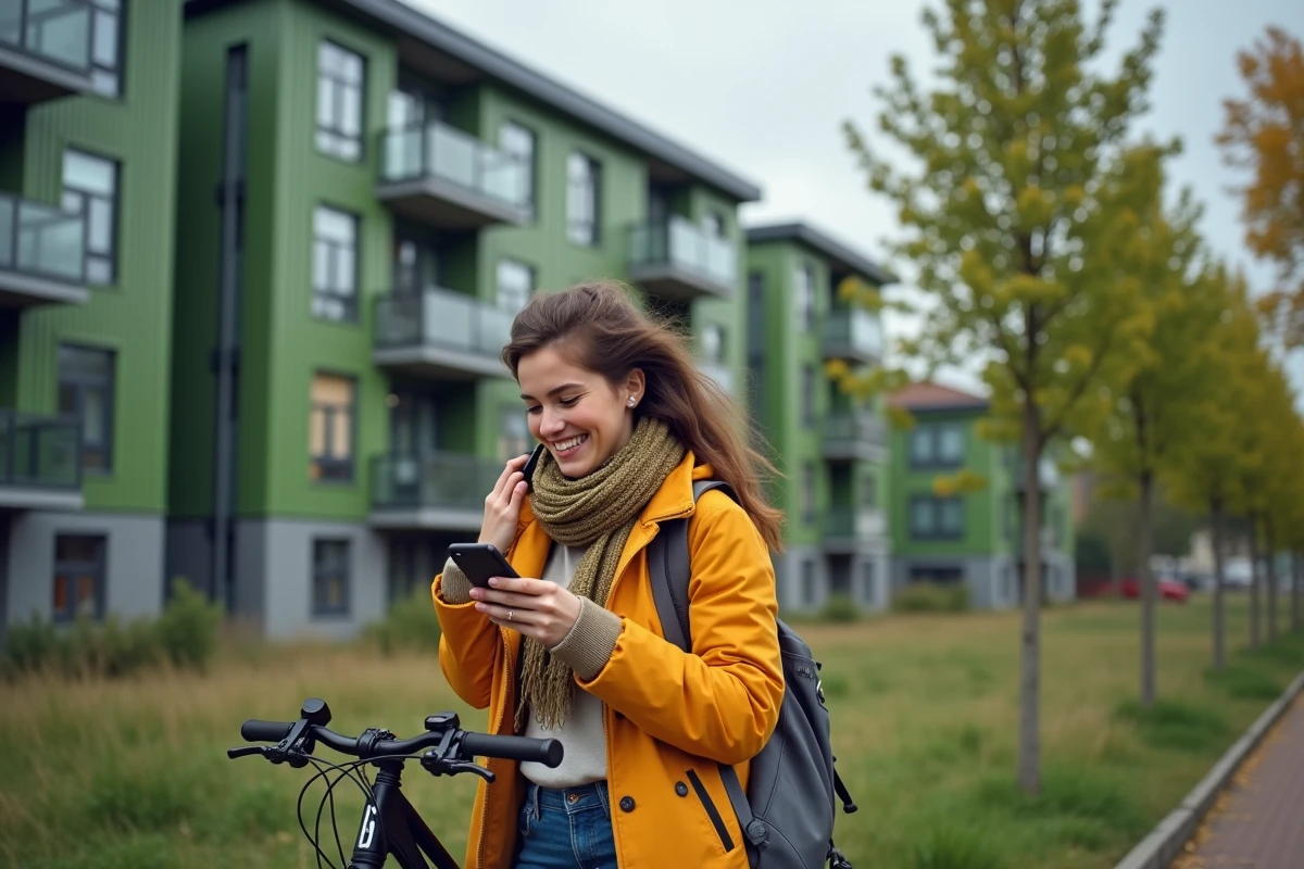 Jeune femme souriante avec vélo devant un immeuble écologique