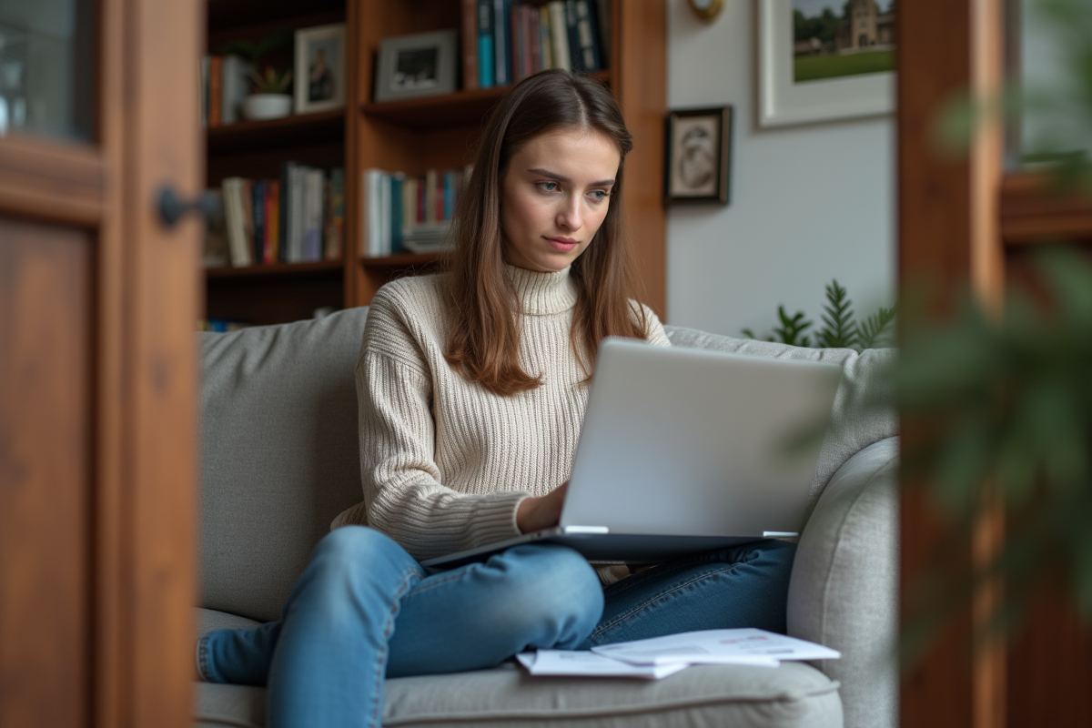 Jeune femme compare des chiffres sur son ordinateur portable à la maison