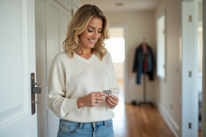 Femme vérifiant une clé de maison dans un couloir lumineux