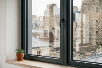 Fenêtre en aluminium anthracite installée dans un appartement moderne à Courbevoie avec vue sur les toits urbains