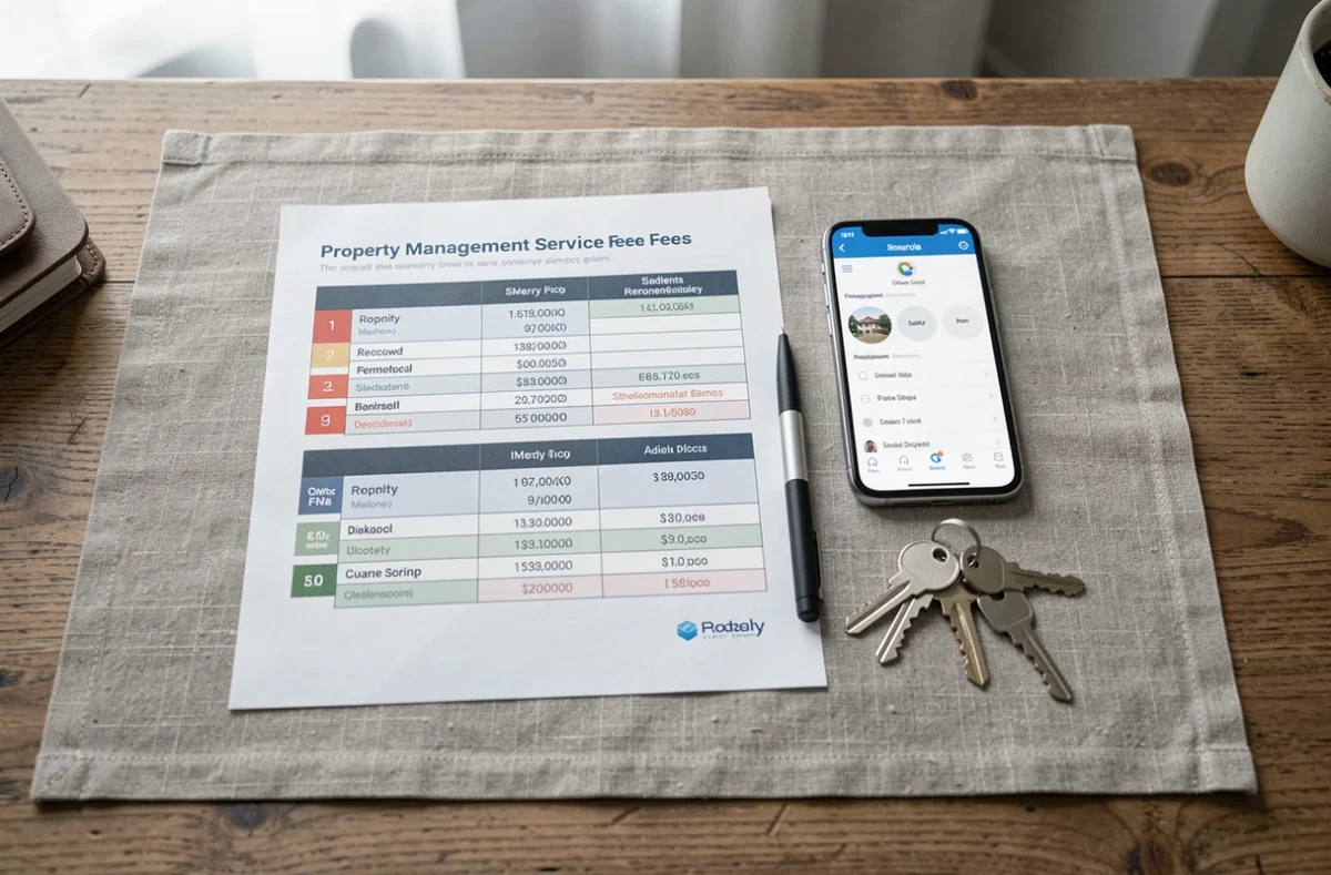 Vue aérienne d'un bureau avec tableau comparatif de tarifs syndic, smartphone affichant une application de gestion et clés d'appartement