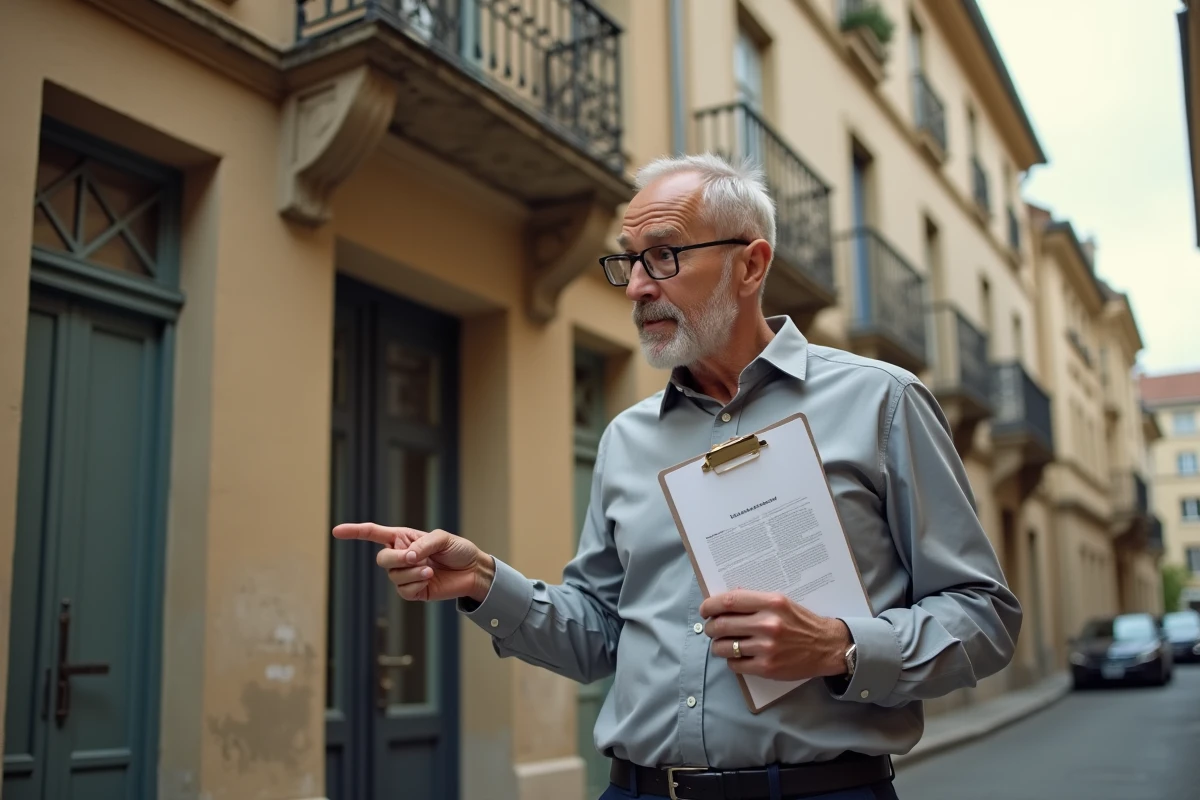 Gestionnaire de copropriété devant un immeuble résidentiel tenant un dossier d'immatriculation