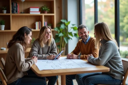 Groupe d'adultes discutant autour d'une table moderne