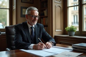 Homme d'affaires lisant documents de renovation à Paris