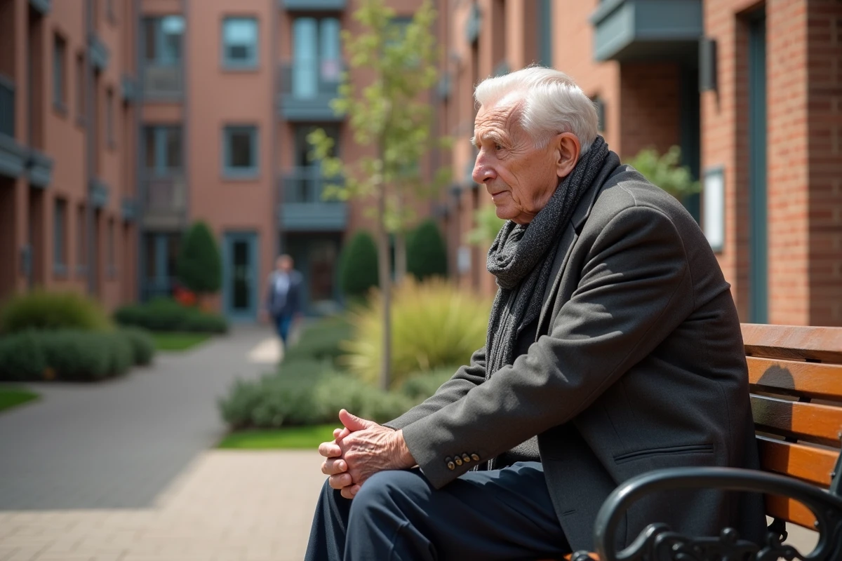 Homme âgé assis devant un bâtiment résidentiel en ville