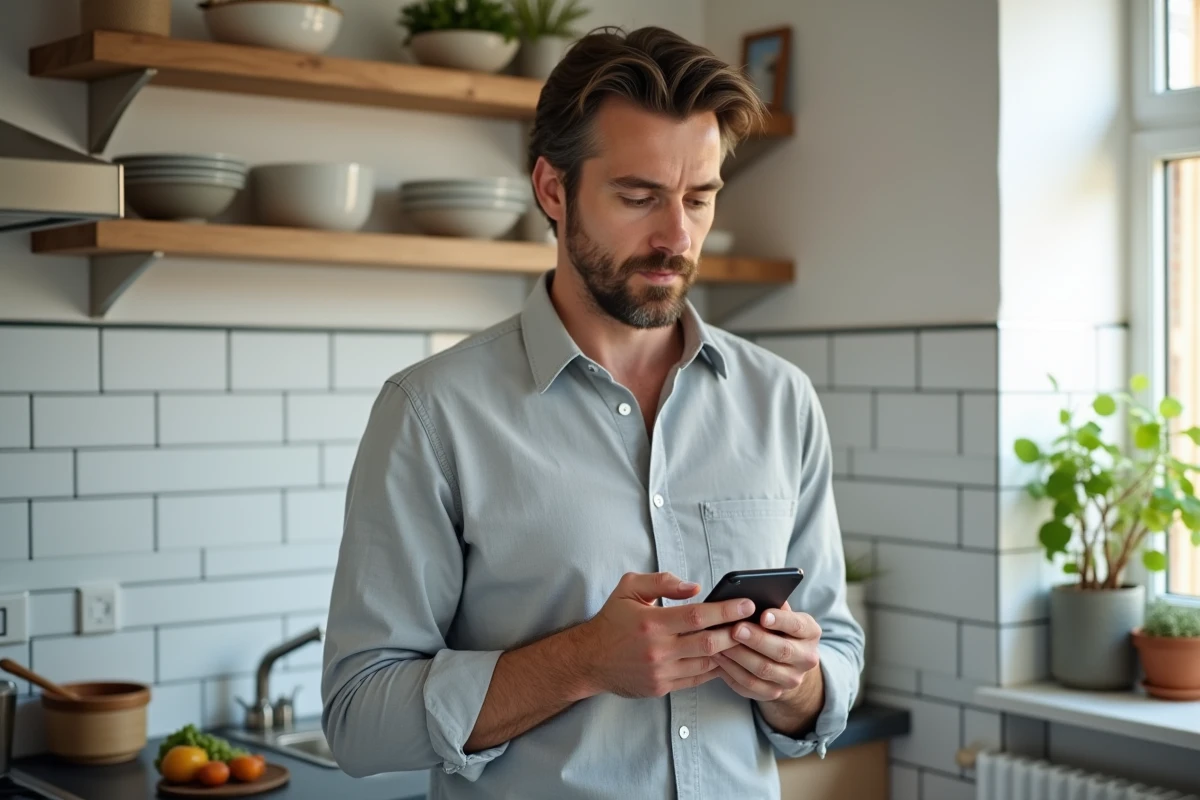 Homme consultant l'application Alin.fr sur smartphone dans une cuisine moderne