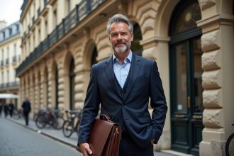 Homme d'âge moyen en costume à Paris avec bâtiment ancien
