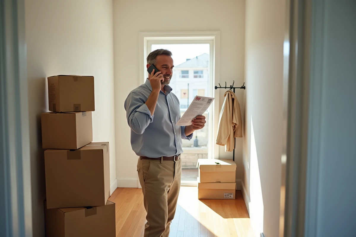 Homme parlant au téléphone avec factures dans l