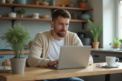 Homme décontracté travaillant sur un laptop dans une cuisine lumineuse