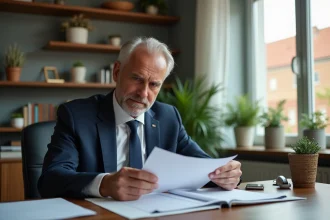 Homme d'affaires lisant un rapport dans son bureau à domicile