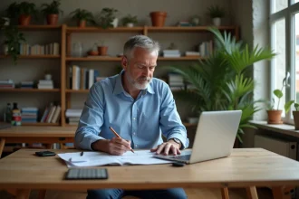 Homme d'âge moyen en chemise bleue examine des calculs de rendement locatif