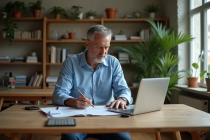 Homme d'âge moyen en chemise bleue examine des calculs de rendement locatif