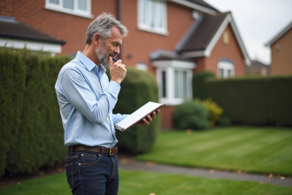 Homme d'âge moyen devant maison de banlieue paisible