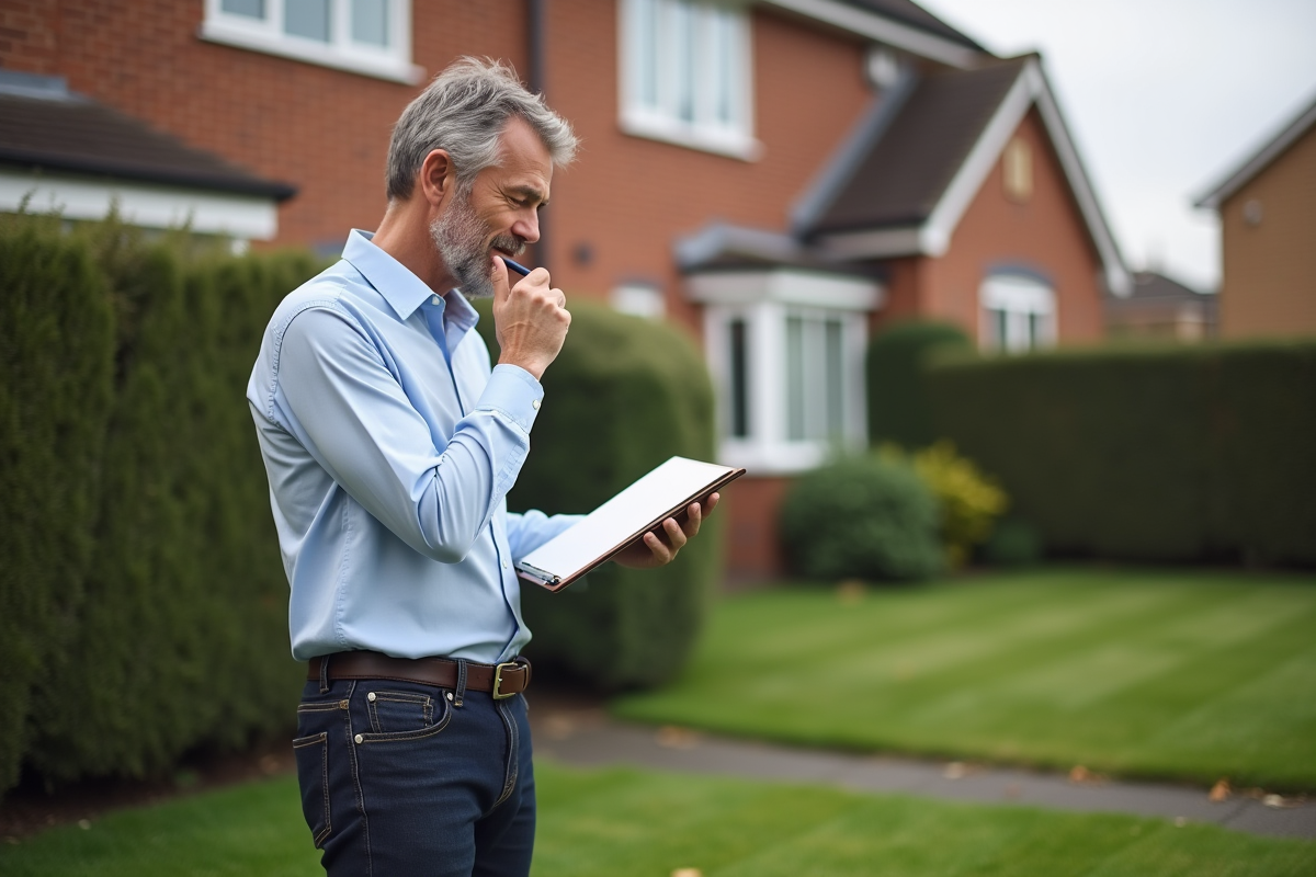 Homme d'âge moyen devant maison de banlieue paisible