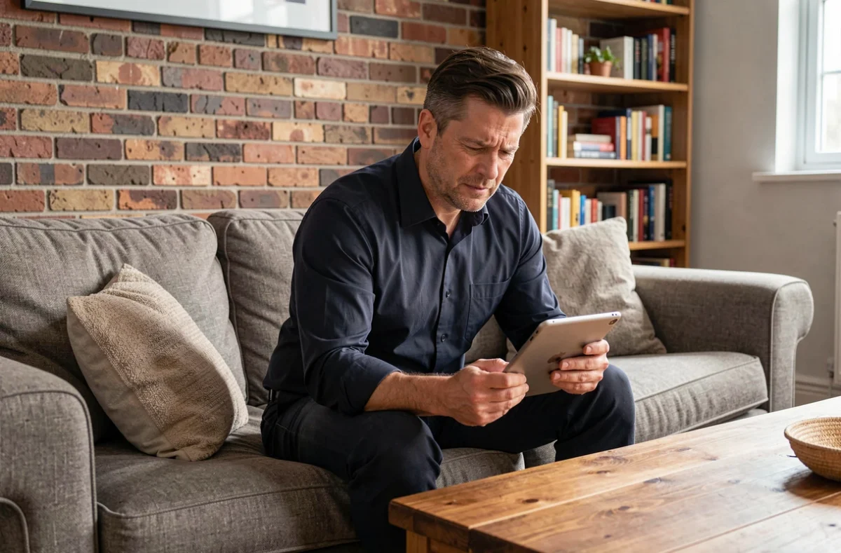 Homme comparant des offres d'assurance habitation sur une tablette dans son salon