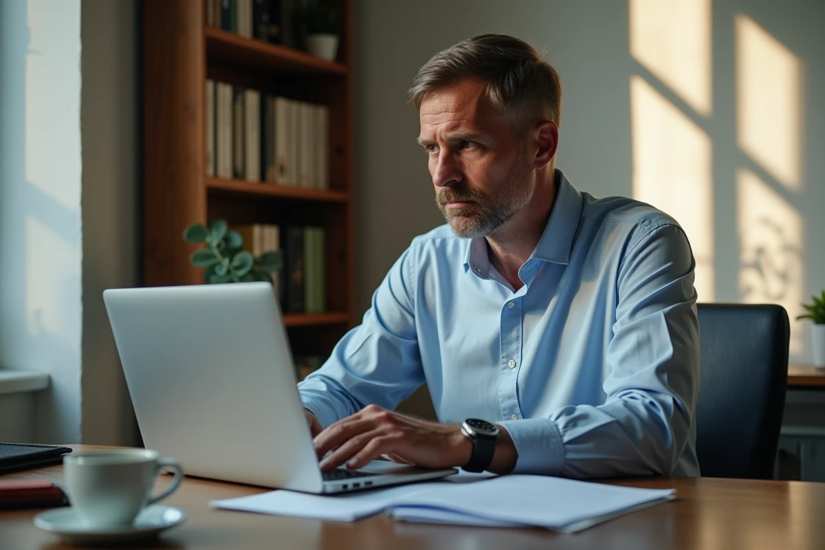 Homme comparant des offres de taux de crédit immobilier sur 25 ans depuis son bureau à domicile