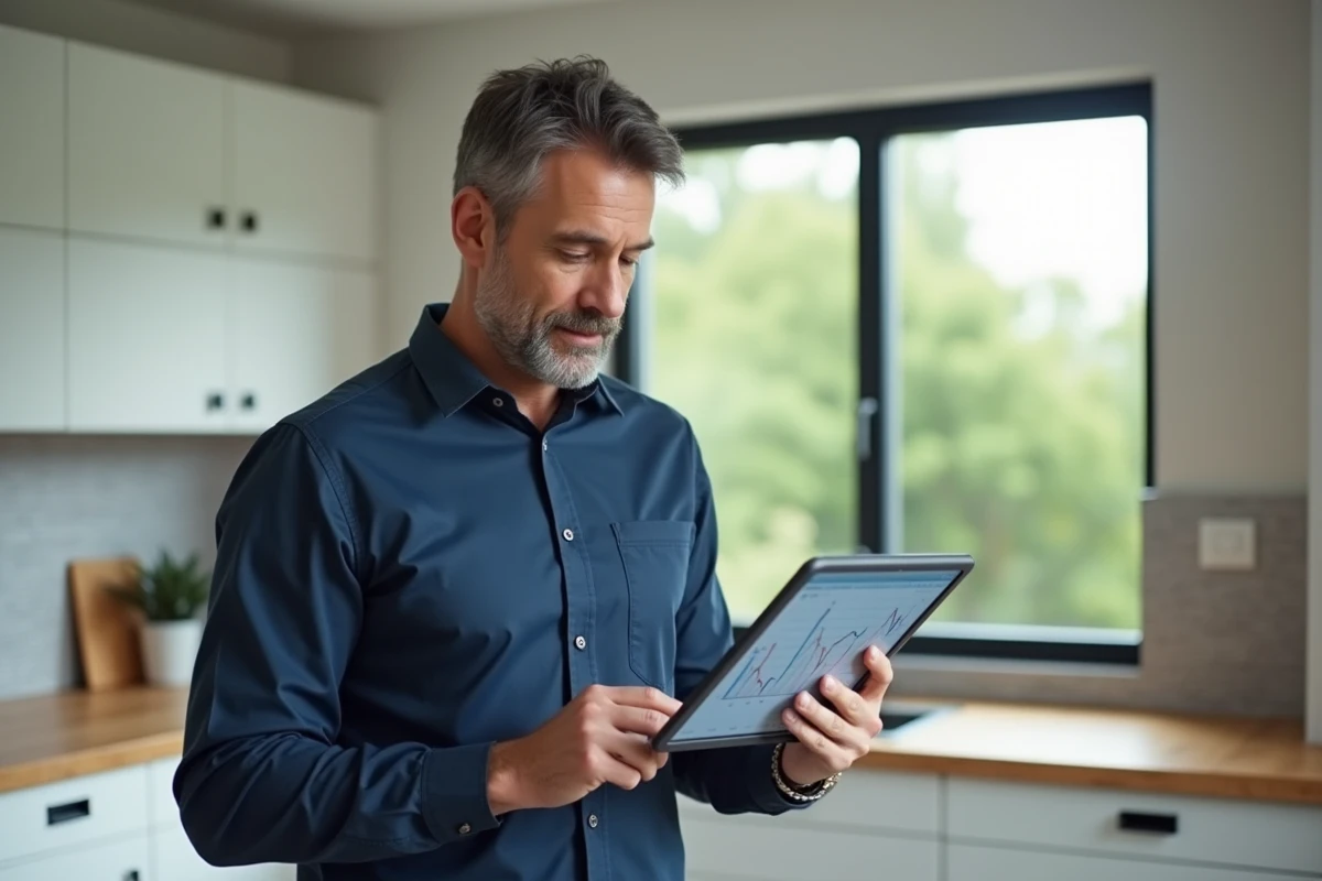 Homme consultant l'évolution du prix d'un appartement sur une tablette pour préparer une négociation immobilière