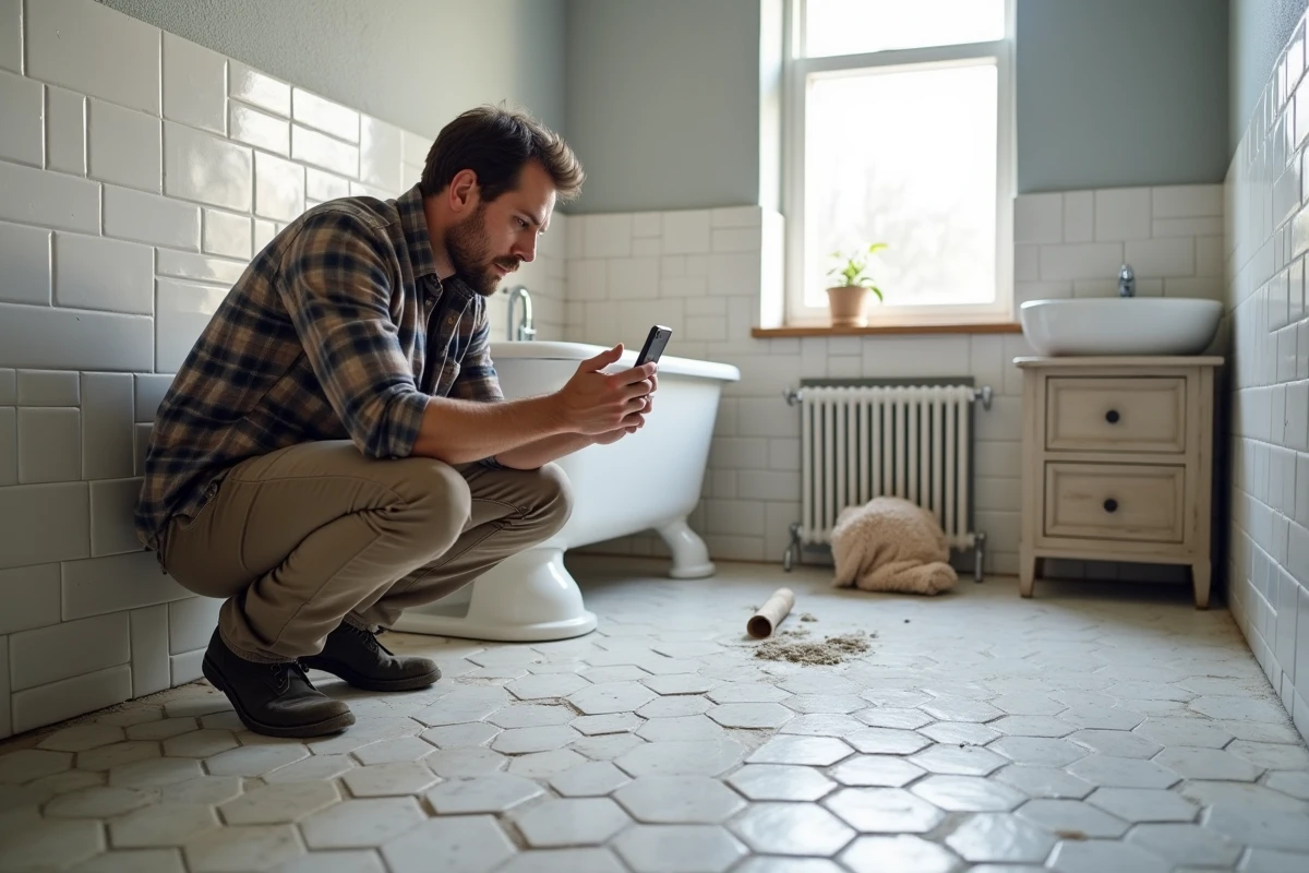 Homme documentant une rénovation de salle de bain en photographiant des carreaux hexagonaux pour un blog de travaux rentable