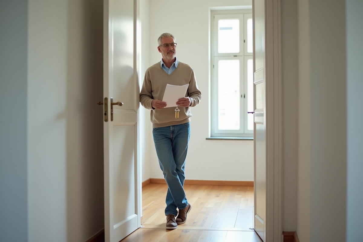 Homme d'âge moyen tenant document et clés devant un appartement vide
