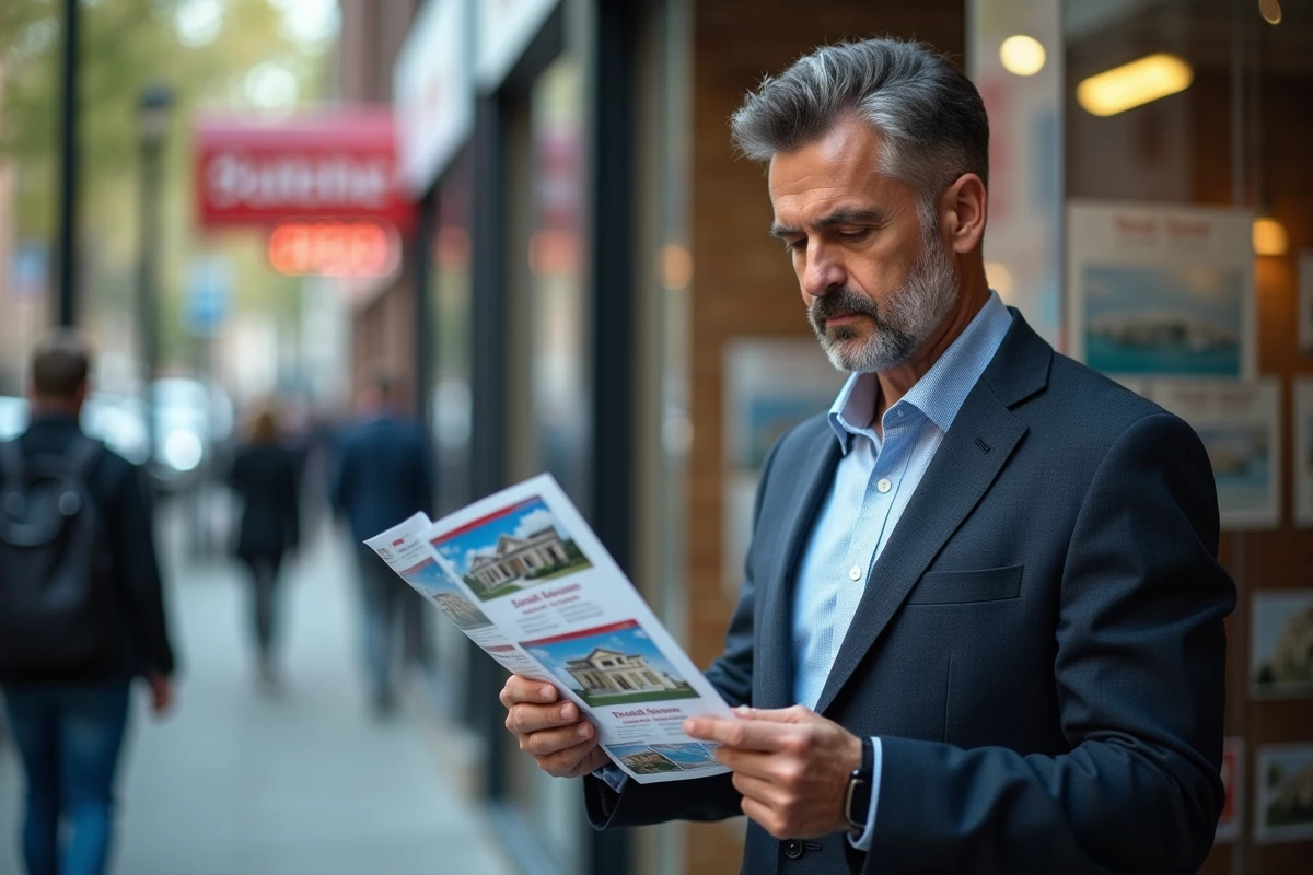 Homme examinant flyers immobiliers en ville