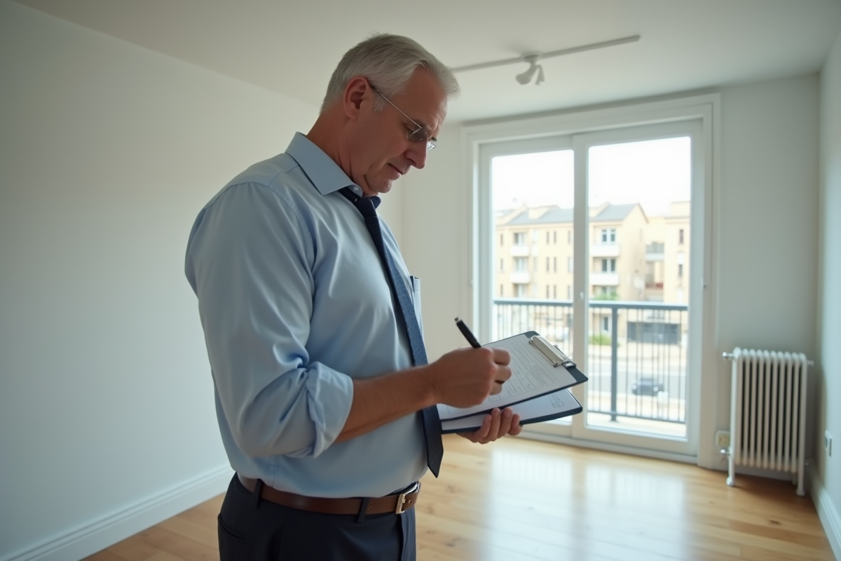 Homme en costume inspectant un salon vide et lumineux
