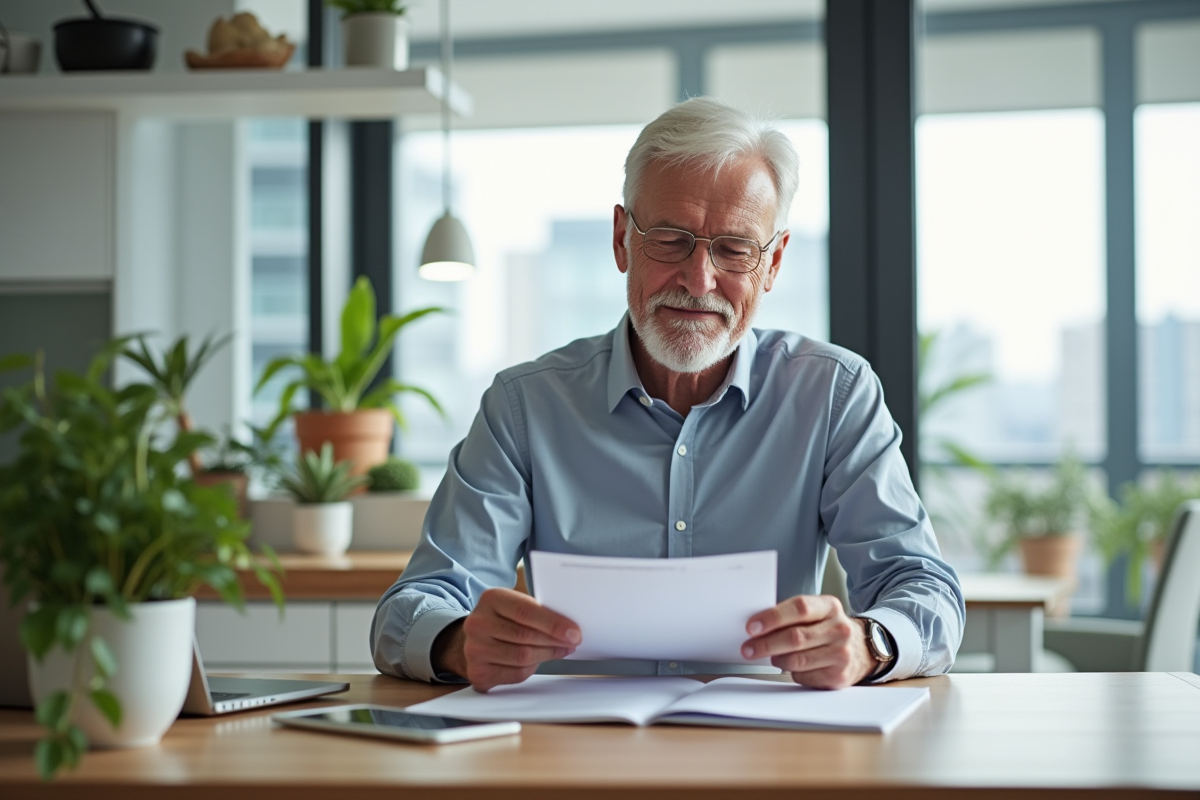 Homme d'âge moyen lisant des papiers dans un appartement lumineux