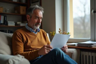 Homme d'âge moyen lisant un courrier dans son salon