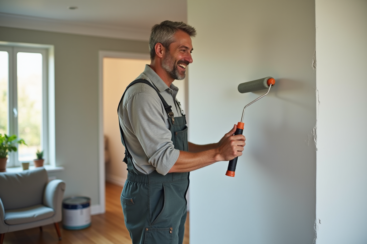 Homme en overalls peignant un mur intérieur moderne