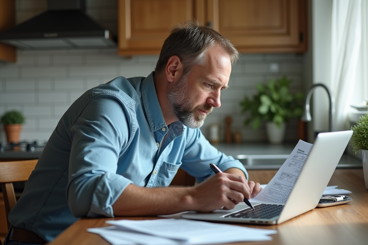 Homme en casual vérifiant ses documents fiscaux dans la cuisine