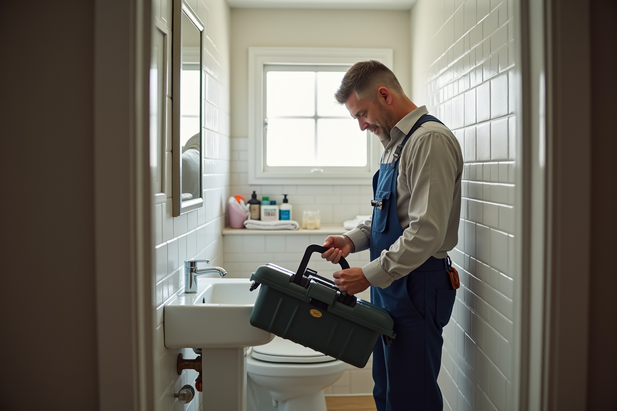 Homme réparant un fixture dans une salle de bain propre