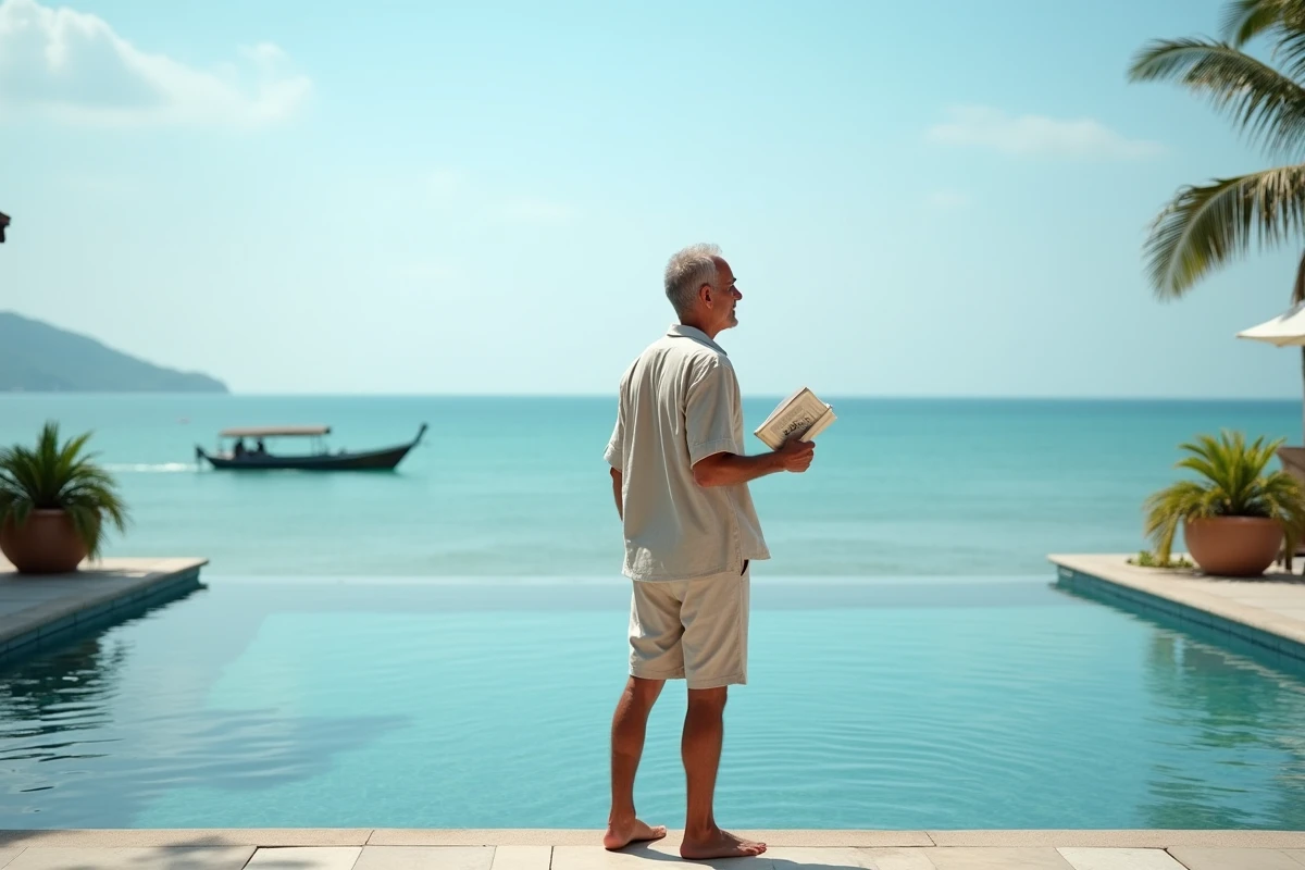 Homme retraité contemplant la vue depuis la piscine d'une villa à vendre à Koh Samui face à la mer