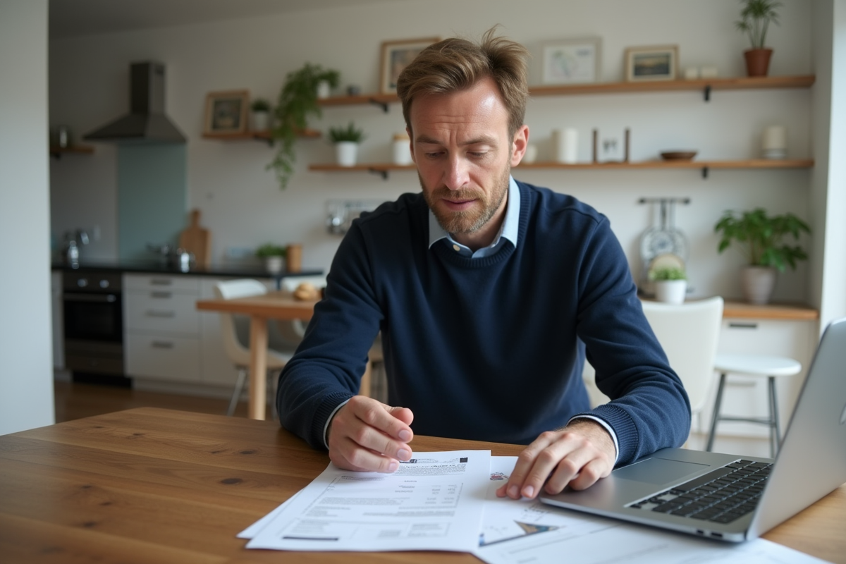 Homme d'âge moyen vérifiant des factures de rénovation