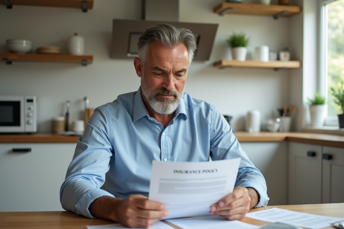 Homme d'âge moyen examine calmement un contrat d'assurance à la maison