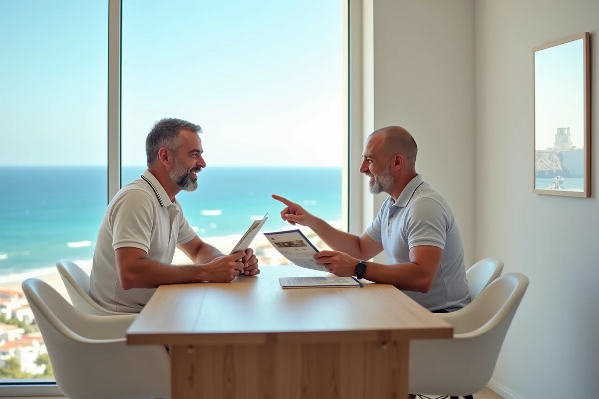 Homme souriant pointant la vue sur la mer depuis une fenêtre